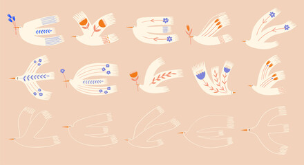 Set of floral white bird illustrations - 500249325