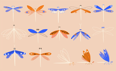 Set of floral decorated dragonfly illustrations