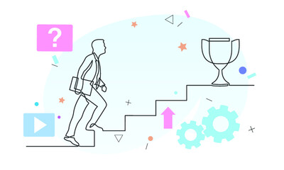 Continuous line drawing of businessman going up the stairs to award. Award trofy on top stage. Vector illustration
