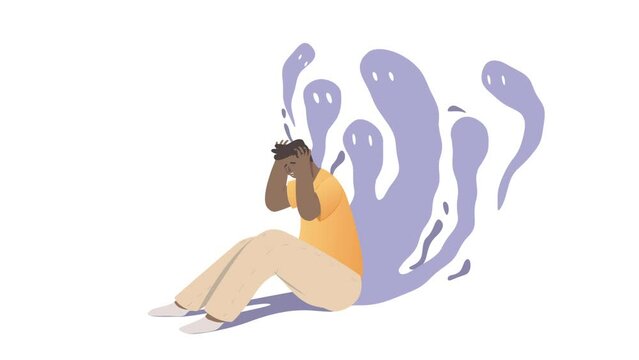 Mental health restoring video concept. Moving man sitting on floor and struggling with inner fears and psychological disorders. Emotional burnout, depression or stress. Flat graphic animated cartoon