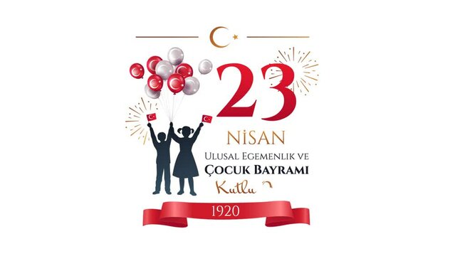 Turkish April 23 video concept. National Sovereignty and Children Day. Moving postcard with children, Turkish flags on balloons and inscriptions. Cocuk baryrami 23 nisan. Flat graphic animated cartoon