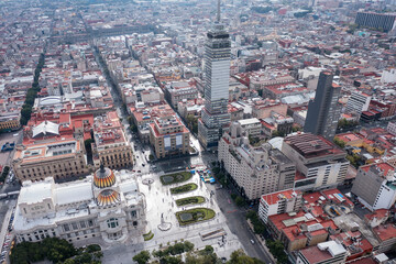 Mexico City, CDMX, Mexico, OCT, 17 2021, top view of Palacio de Bellas Artes and Latino tower