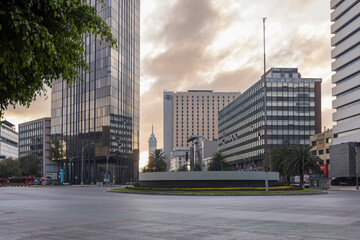 Mexico City, CDMX, Mexico, OCT, 16 2021, roundabout on Paseo de La Reforma avenue, Latin tower in the background, Mexico City