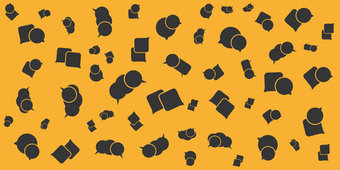 Black Speech and Thought Bubbles, Communication Symbols - Pattern of Various Sizes, Shapes and Orientation on Wide Scale Amber Colored Background - Design Template in Editable Vector Format