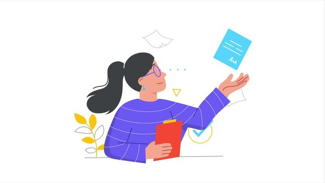 Business documents video concept. Moving female real estate agent shows signed purchase or sale contract. Bill of sale or intellectual property agreement. Graphic animated cartoon in doodle style