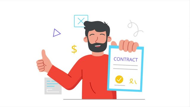 Business documents video concept. Moving man holds signed contract and shows thumbs up. Entrepreneur with bill of sale or intellectual property agreement. Graphic animated cartoon in doodle style