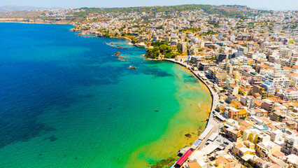Panoramic aerial view from above of the city of Chania, Crete island, Greece. Landmarks of Greece, beautiful venetian town Chania in Crete island. Chania, Crete, Greece.