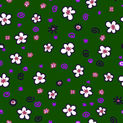 Cute white flowers on a green background. Vector seamless pattern.