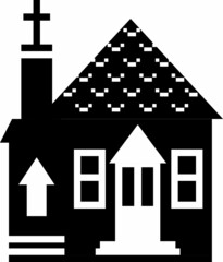 Illustration Church with ?ross in black and white color palette. Religion concept. Monochrome vector image of a school building.