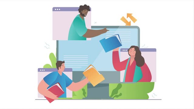 Video conference with colleagues concept. Moving men and women share files and documents through screens of digital devices. Online meeting with employees. Remote office. Flat graphic animated cartoon
