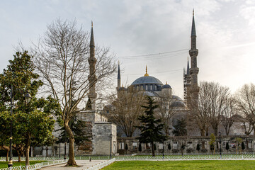 Fototapeta na wymiar Blue Mosque in Istanbul, Turkey. Cloudy weather.