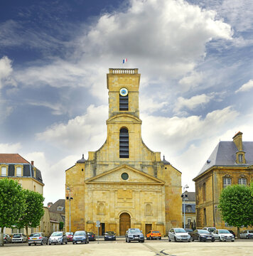 The main square with The Church of Saint Dagobert of fortress town. The upper town of Longwy in Lorraine is one of the most beautiful cities fortified by Vauban in France, UNESCO World Heritage Site