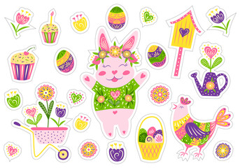 Happy Easter. Festive set stickers: Easter bunny, chicken, colored eggs, Easter cakes, birdhouse and spring flowers. Isolated objects on a white background. Vector illustration.