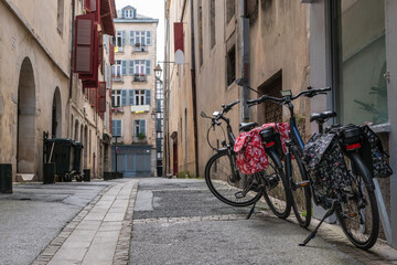Fototapeta na wymiar Bicycles with panniers in the old town of Baiona. French Basque Country