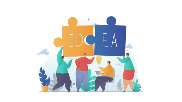 Creative idea video concept. Moving group of employees holds pieces of puzzles labeled idea and connect them. Metaphor for solving problems and development strategy. Flat graphic animated cartoon