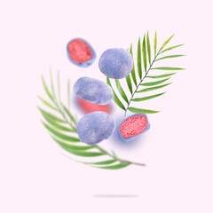 Japanese rice cakes float in the air. A conceptual composition of flying mochi and green palm leaves on a pink background. Asian cuisine, Asian sweet street food desserts. Concept creative food