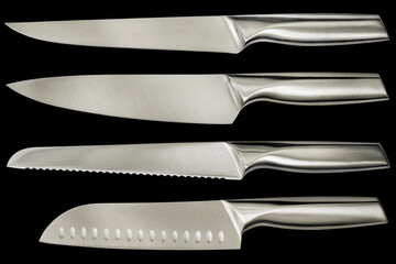Studio shot of Stainless Steel kitchen knives four piece set, isolated on black background.