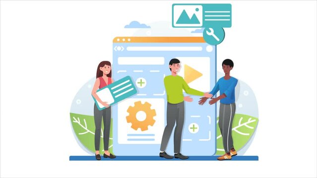 Website design video concept. Moving developers create user interface of digital product using tool and layout. Creative men and women programmers. Landing page template. Flat graphic animated cartoon