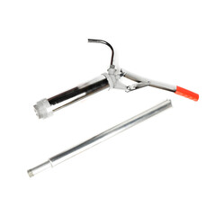 grease gun with steel spout isolated on white background