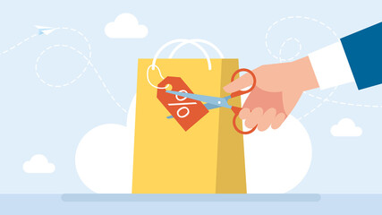 Price reduction. Promotional product. Scissors cut the price tag. Cost reduction. Abstract business metaphor. Marketing technologies. Sale in the shop. Bag with a price tag. Flat illustration