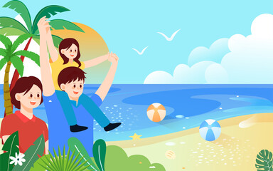 Obraz na płótnie Canvas Family travel by the beach in summer with sea and trees in the background, vector illustration