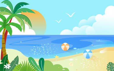 Obraz premium Family travel by the beach in summer with sea and trees in the background, vector illustration