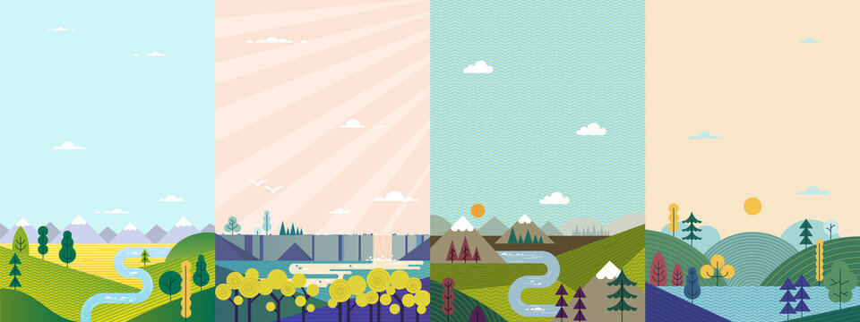 Abstract landscape set. Banners set with polygonal mountains landscape illustrations. Minimalistic style. Simple flat design. Hiking. Travel concept of discovering, exploring, observing nature.