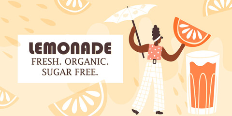 Fresh organic lemonade, refreshing drink banner. A woman holding a huge orange slice. Homegrown fruits, veganism concept