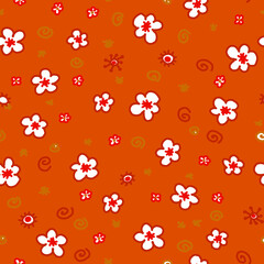 Vector seamless pattern with cute flowers in warm colors.