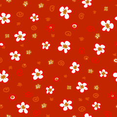 Vector seamless pattern with cute flowers in warm colors.