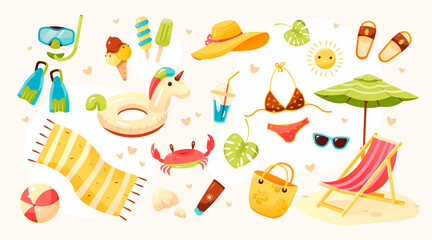 Big summer set. Beach set of cute elements: swimsuit, sunglasses, sun lounger with umbrella, swimming circle, hat, fruit, ice cream, fins and mask, beach bag, crab. Cartoon vector illustration