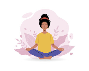 African American woman meditates. Concept of yoga, meditation, zen, relaxation, rest, healthy lifestyle. Vector illustration in flat style