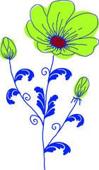 The flower is yellow with blue leaves. Vector file
