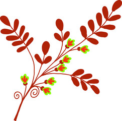 A twig with leaves and small flowers. Vector file.