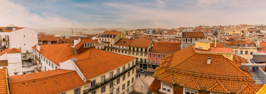 A view across the rooftops in the Alfama distict in the city of Lisbon on a spring day