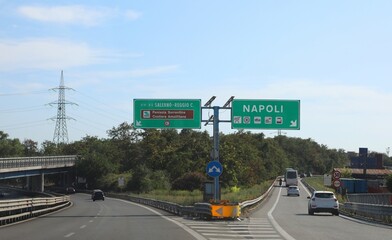 motorway junction in Southern italy with name of the touristic place and Italian City