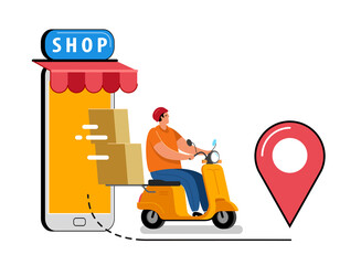 Online delivery service concept, delivery home or office. Courier, delivery man rides scooter delivering package