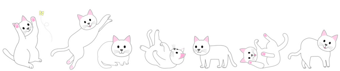 A collection of white cats in various positions with white background