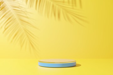 Blue podium and palm leaf shadow on yellow abstract background. - obrazy, fototapety, plakaty