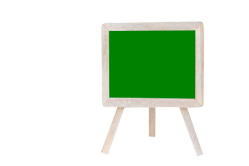 Green blackboard with legs and wood frame on isolated