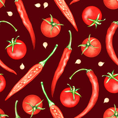 Seamless pattern of tomatoes and hot pepper. Watercolor illustration. Isolated on a red background