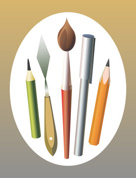 Art materials for artists, illustrators. Drawing and paint tools, pencils, brushes, isolated on a white background. Vector illustration.. School supplies for painting and for children to draw