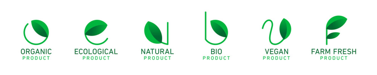 100% organic bio eco vegan farm fresh natural product vector icon logo - obrazy, fototapety, plakaty