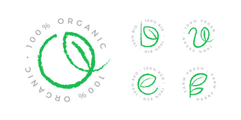 100% organic bio eco vegan farm fresh natural product vector icon logo