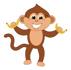 Young brown monkey smiling and standing with brown eyes holding bananas