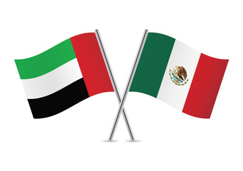 The United Arab Emirates and Mexico crossed flags. UAE and Mexican flags are on white background. Vector icon set. Vector illustration.