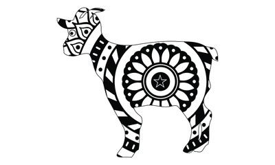 Goat on floral background. Coloring book for adult and older children. Coloring page. Outline drawing. Vector illustration.