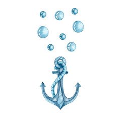 Watercolor Blue Sea Anchor with Rope on White Background