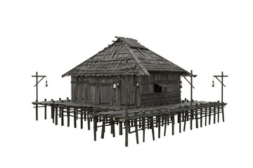 Corner perspective view of old wooden swamp house built on stilts over water. 3d illustration isolated on white with clipping path.