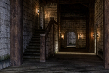 Medieval castle hallway with stairs leading to upper floor. 3D illustration.